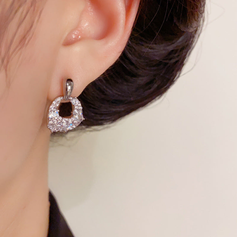 Luxury Full-Zircon Geometric Drop Earrings – Silver Needle Design