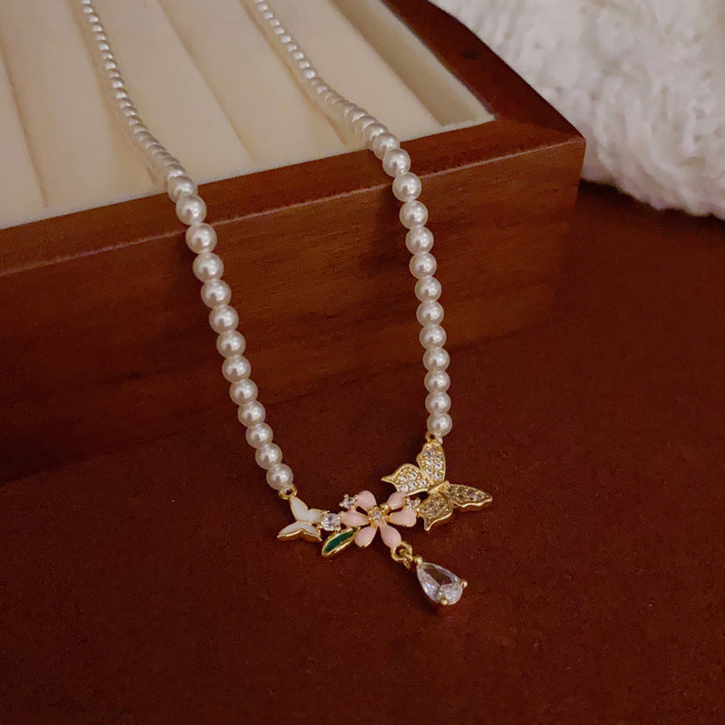 14K Gold Zircon Butterfly Pearl Pendant Necklace – Sweet & Elegant
