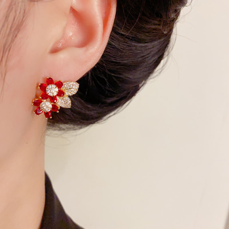 Luxury Full-Zircon Double Petal Ear Cuff Gold Earrings – Floral Design