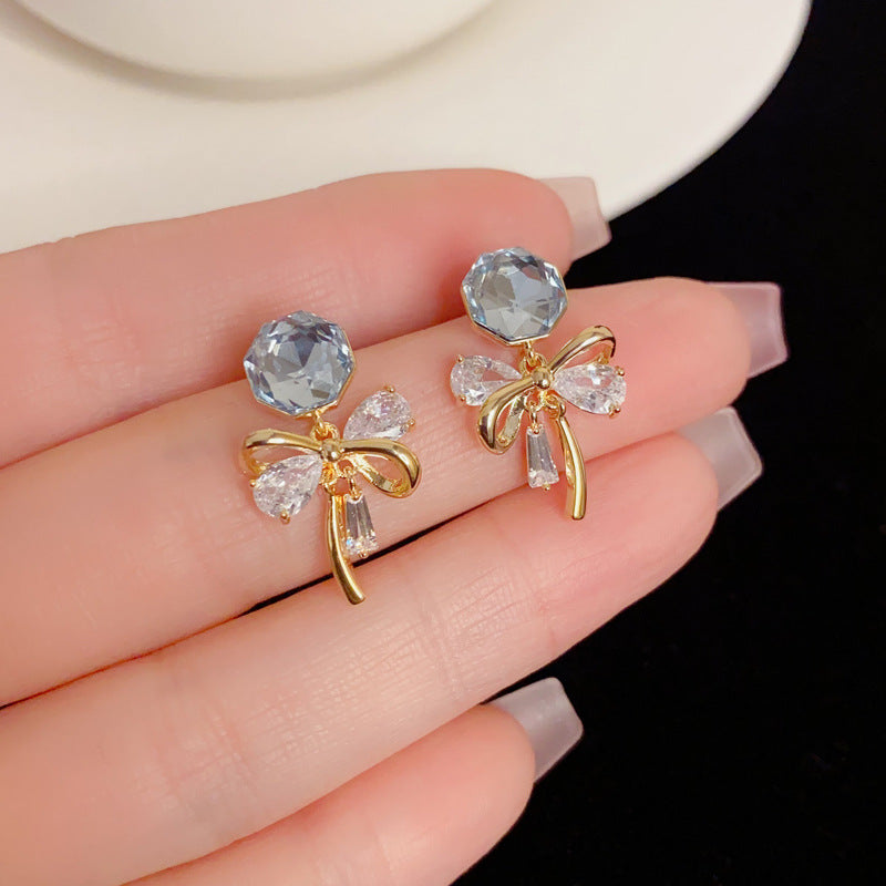 Elegant Crystal Zircon Butterfly Bow Earrings – French Retro Design