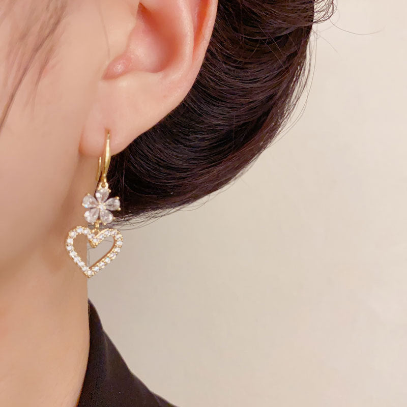 Luxury Zircon Petal Heart Tassel Hook Earrings – Elegant Design
