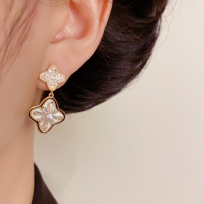 Luxury Zircon Four-Leaf Flower Drop Earrings – Elegant Floral Design