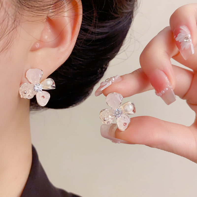 Eaioncol Crystal Freshwater Pearl Floral Stud Earrings Silver