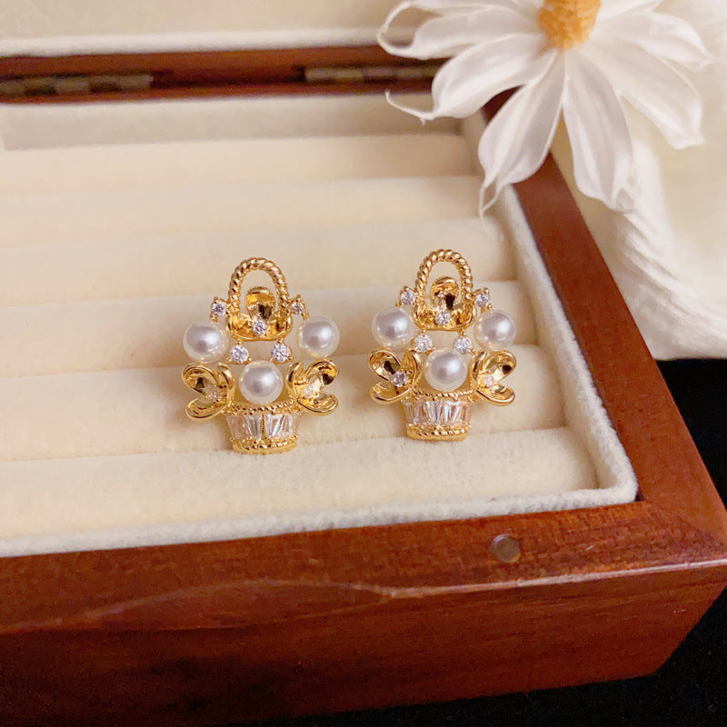 Elegant Zircon Pearl Metal Basket Flower Gold Earrings – Floral Design