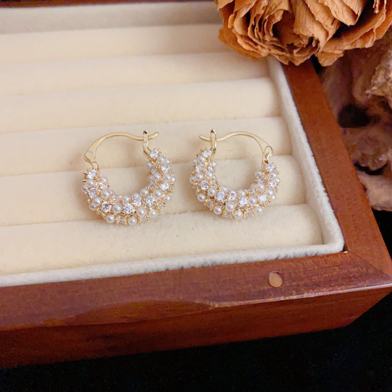 Elegant Full-Zircon Pearl U-Shaped Earrings – Silver Needle Geometric