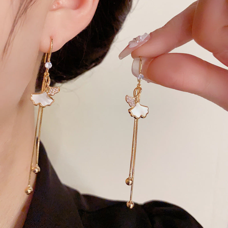 14K Gold-Plated Ginkgo Leaf Shell Tassel Earrings - Elegant Minimalist