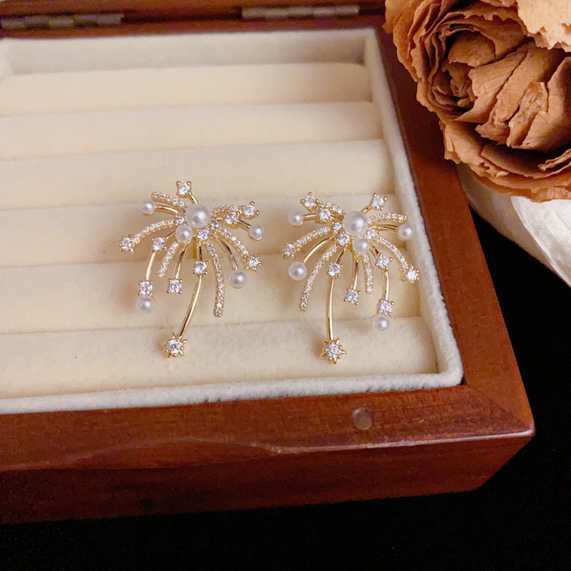 Luxury Full-Zircon & Pearl Firework Gold Earrings – Floral Design