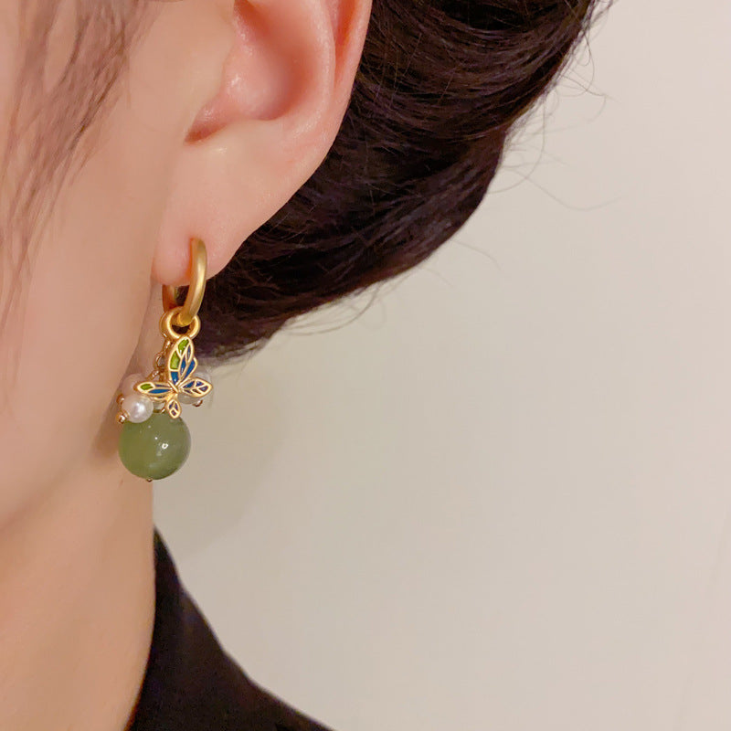 Luxury Butterfly Pearl & Imitation Jade Drop Earrings – Elegant Design