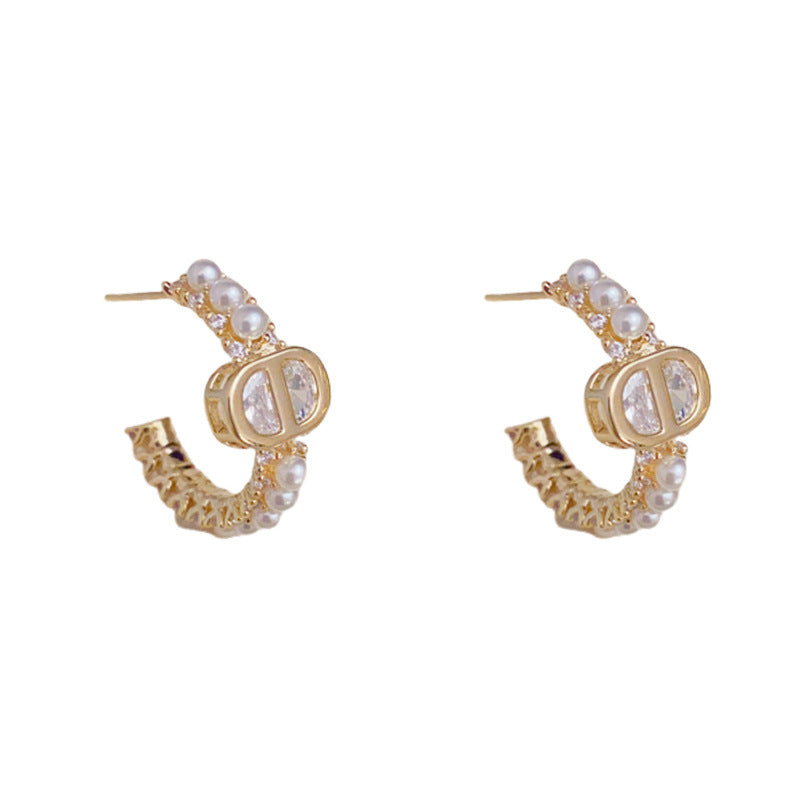 Luxury CD Pearl Hoop Gold Earrings – Letter-Inspired Elegant Design
