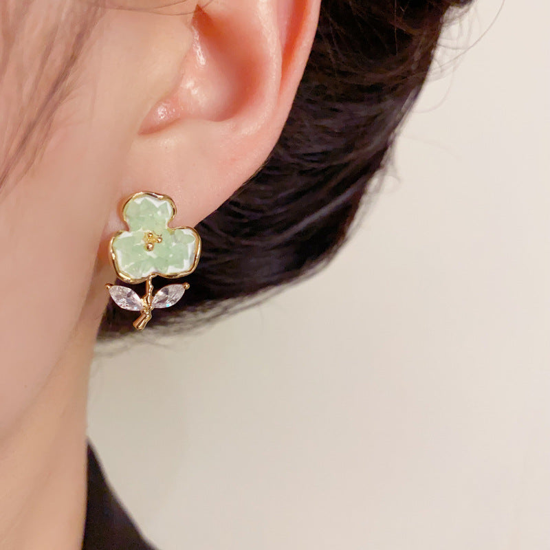 14K Gold-Plated Green & Purple Floral Stud Earrings – Elegant Design