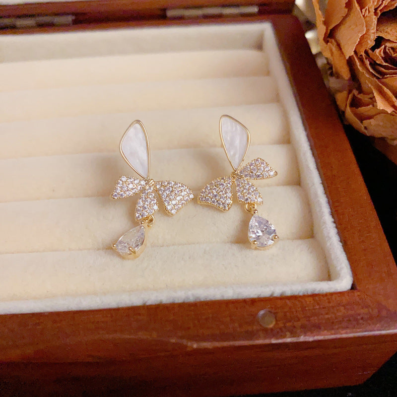 Luxury Zircon Butterfly & Droplet Drop Gold Earrings – Elegant Design