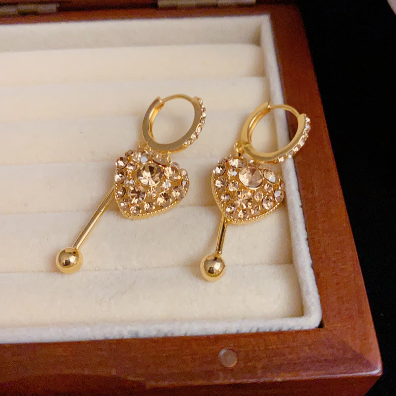 14K Gold Coffee Full Zircon Heart Tassel Earrings-Chic Elegance Design