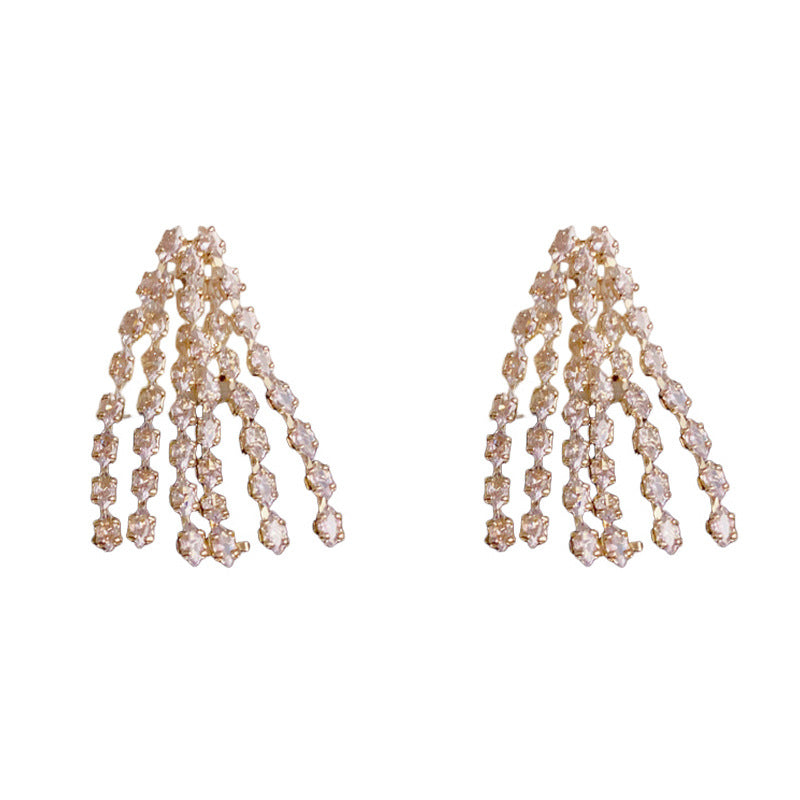 Elegant Full-Zircon Long Tassel Drop Earrings – Geometric Design