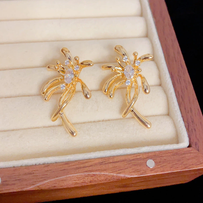Gold Zircon Petal Earrings – French Retro Flower Studs for Women