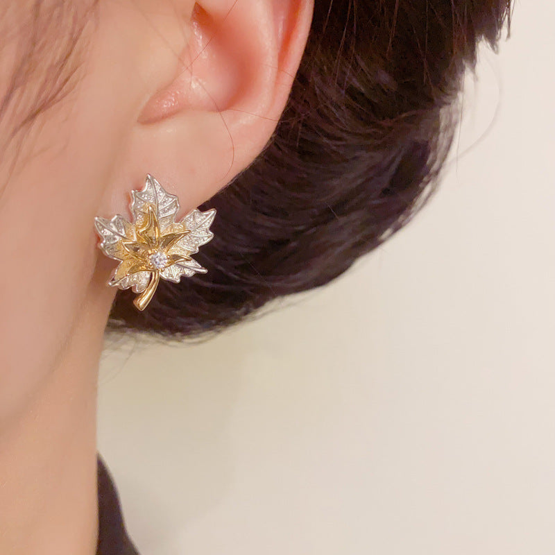 Elegant Colorblock Maple Leaf Stud Gold Earrings – Floral Design