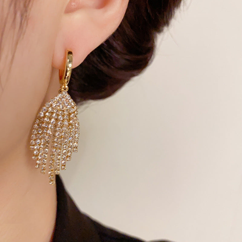 14K Gold-Plated Double Tassel Earrings - Full Diamond Design