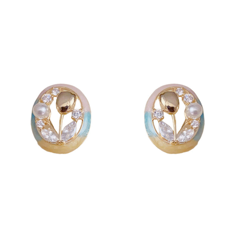 Sweet Enamel Round Tulip & Pearl Stud Earrings – S925 Silver Needle