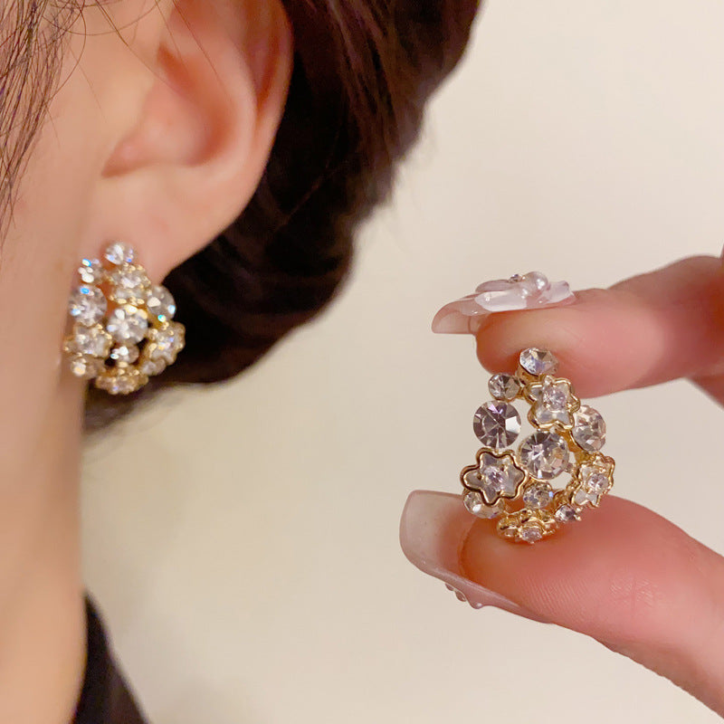 14K Gold-Plated Diamond-Studded Hollow Flower Earrings -Vintage Design