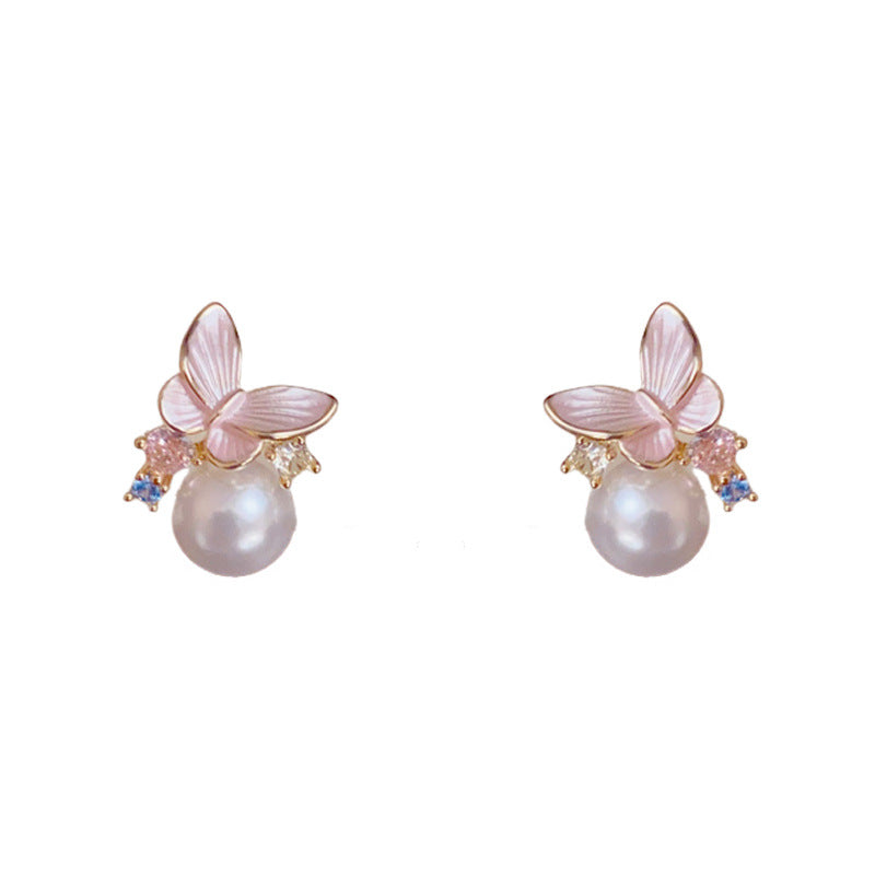 Luxury Pink Butterfly & Pearl Stud Gold Earrings – Elegant Design