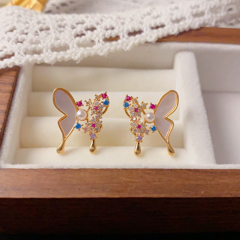 Luxury Shell Pave Rhinestone Butterfly Stud Earrings – Elegant Design