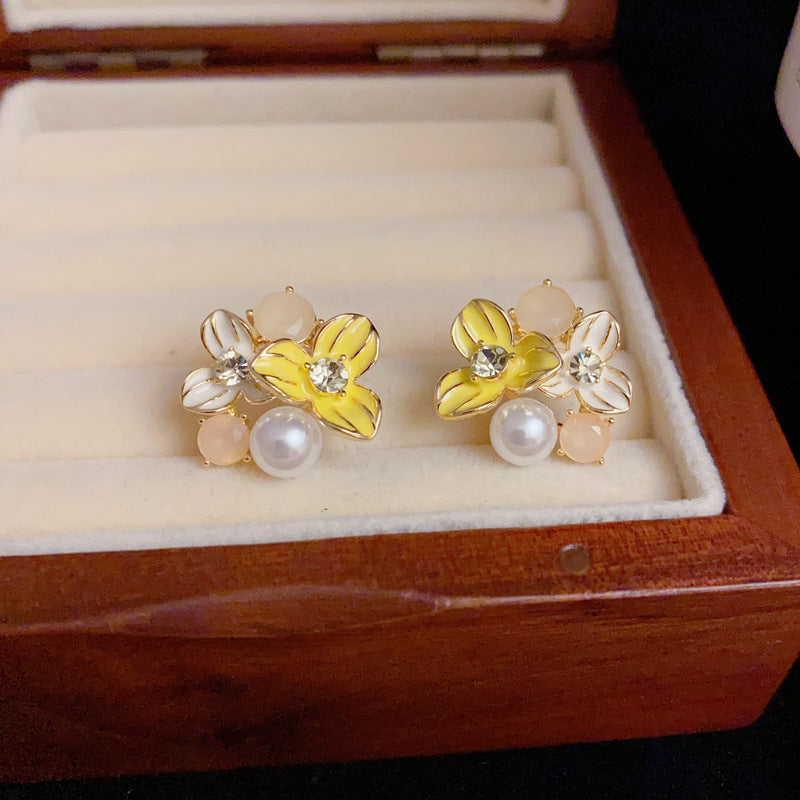 14K Gold-Plated Yellow Flower Pearl Stud Earrings – Minimalist Design