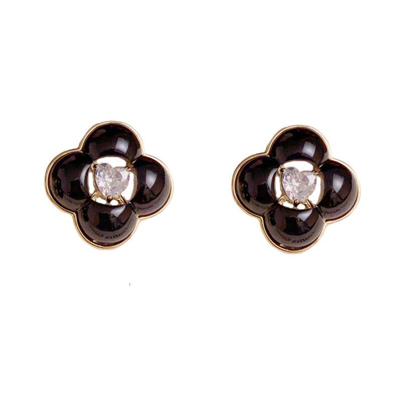 French-Style Zircon Four-Leaf Flower Stud Earrings– S925 Silver Needle