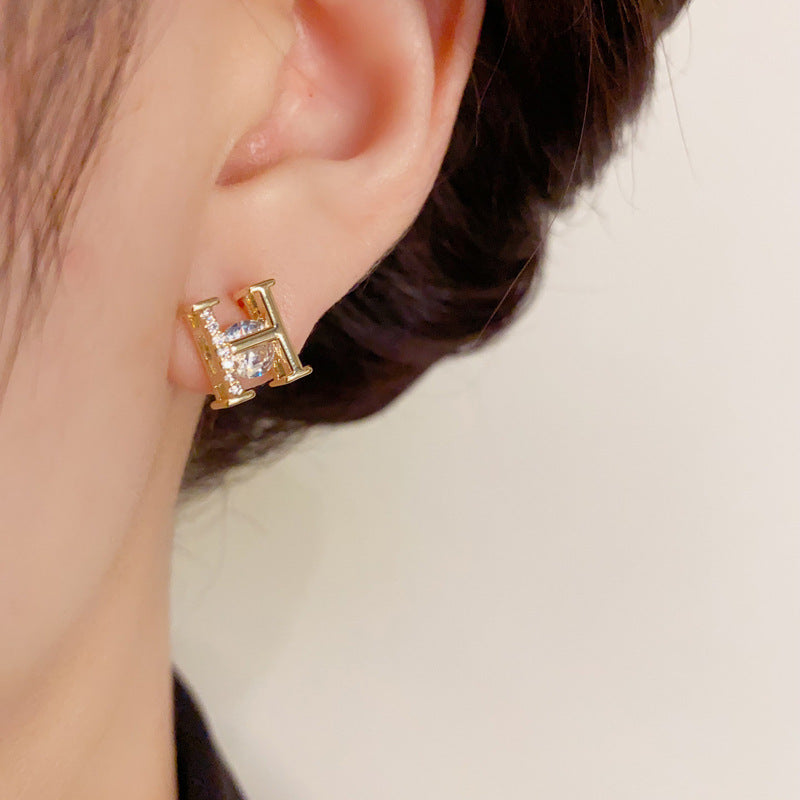 14K Gold-Plated Zircon H Letter Set Earrings-Elegant Minimalist Design