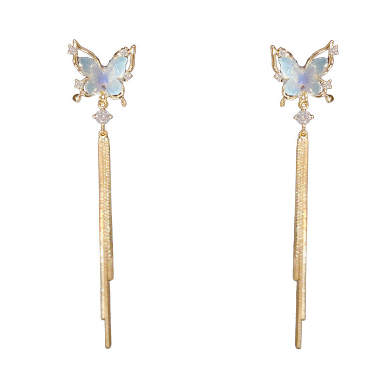 14K Gold Minimalist Blue Butterfly Tassel Drop Earrings – Long Design