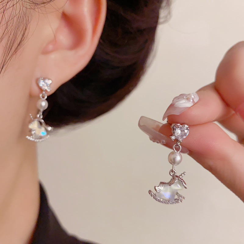 Luxury Zircon Heart Pearl Unicorn Drop Earrings – Animal Design