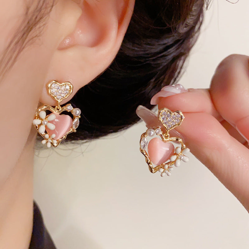 14K Gold Pink Heart Flower Drop Earrings – Sweet & Elegant Design