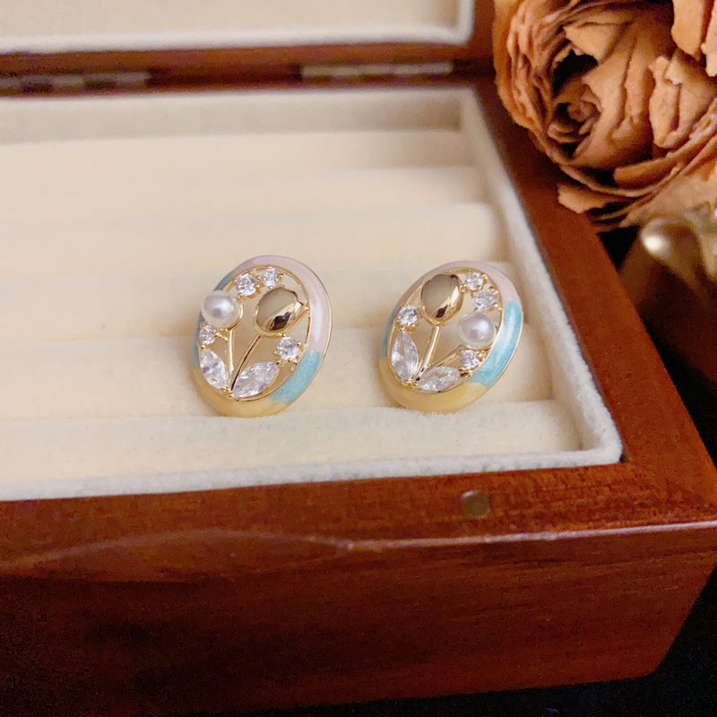 Sweet Enamel Round Tulip & Pearl Stud Earrings – S925 Silver Needle
