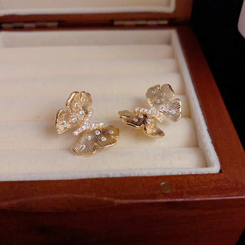14K Gold-Plated 3D Metal Zircon Butterfly Stud Earrings –Luxury Design