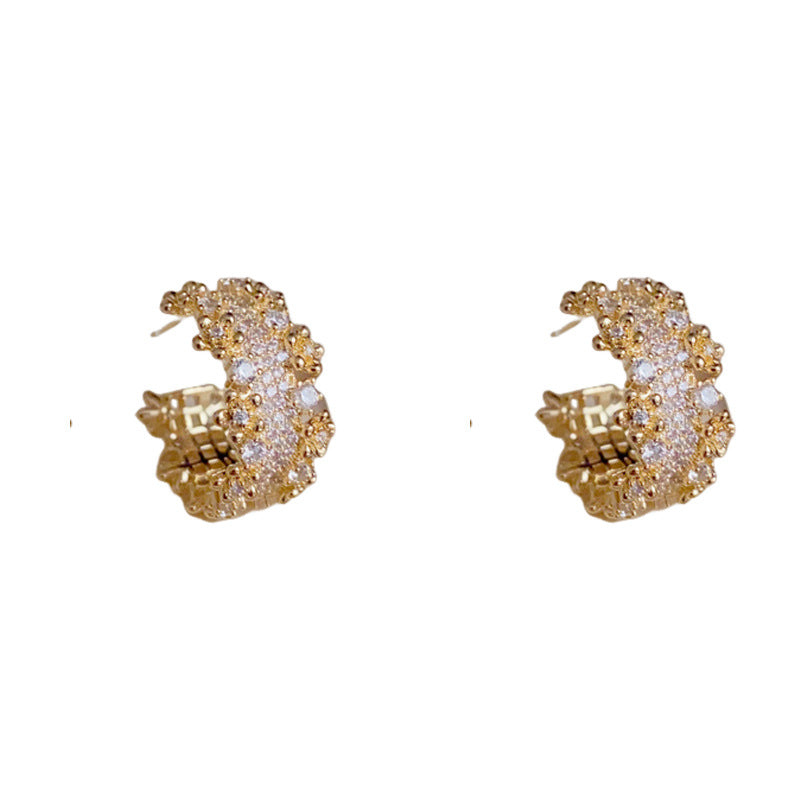 14K Gold Full Rhinestone C-Hoop Earrings – Sparkling Minimalist Style