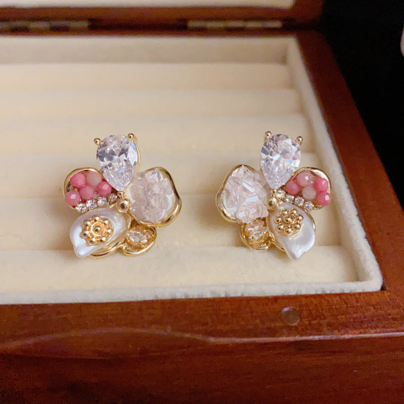 14K Gold Zircon Pearl 5 Petal Flower Stud Earrings-Chic Elegant Design