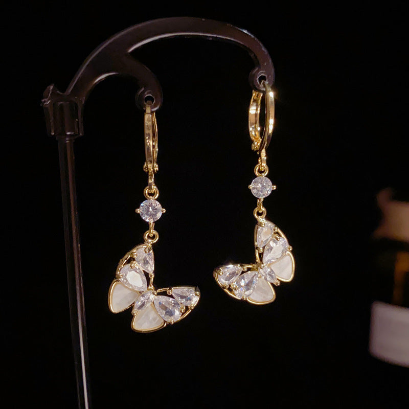 14K Gold-Plated Zircon Butterfly Tassel Earrings – Elegant Design