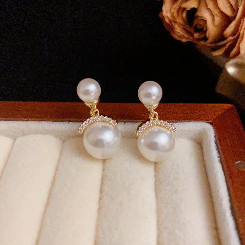 Luxury Zircon Bar & Pearl Stud Real Gold Earrings – Elegant Design