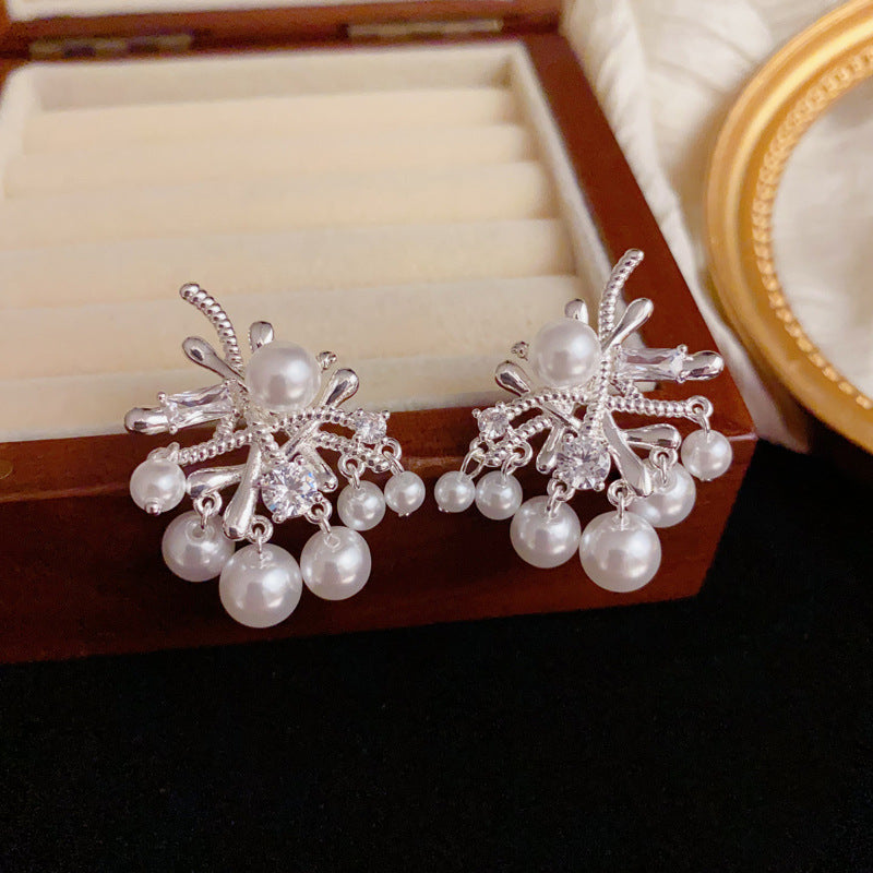 Elegant Zircon & Irregular Pearl Drop Earrings – Geometric Design