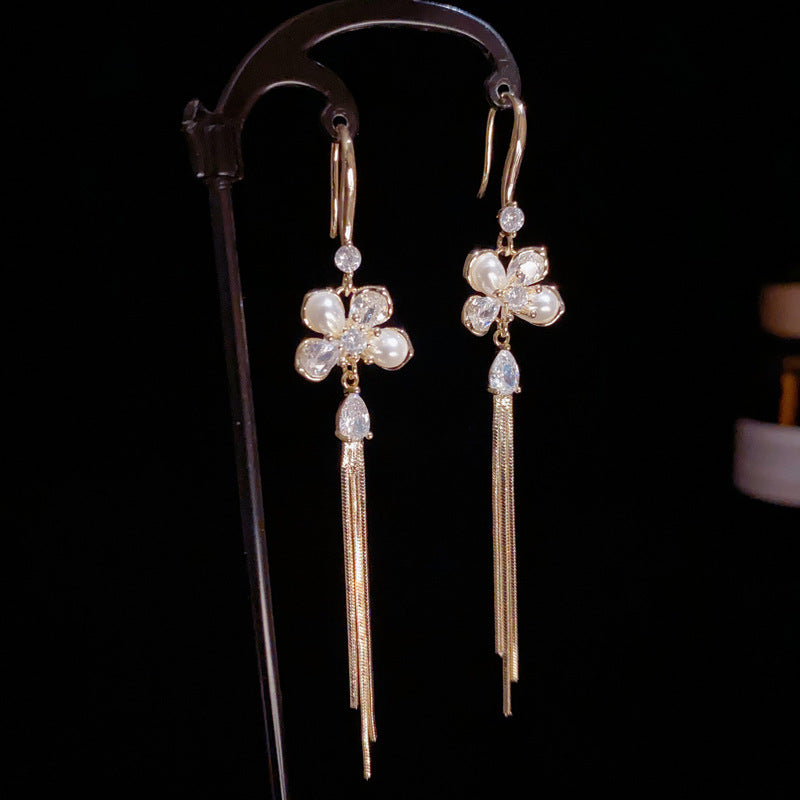14K Gold-Plated Pearl Petal Tassel Earrings – Elegant Long Drop Design