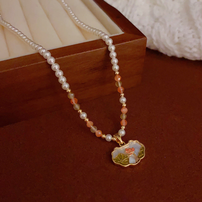 14K Gold-Plated Lotus Pendant Pearl Necklace – Elegant Design