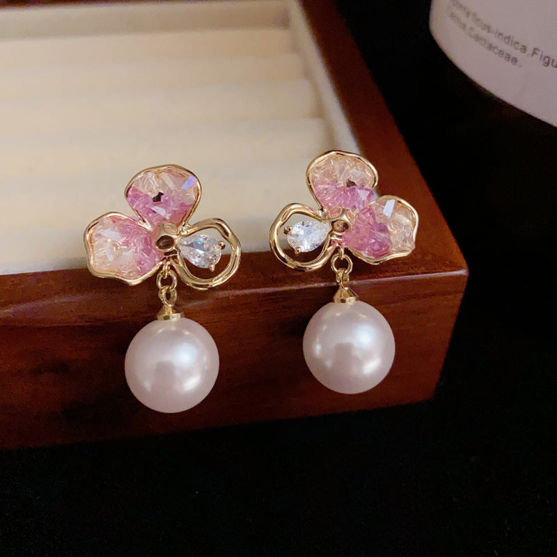 14K Gold Crystal Petal Pearl Drop Earrings - Chic Elegance Design