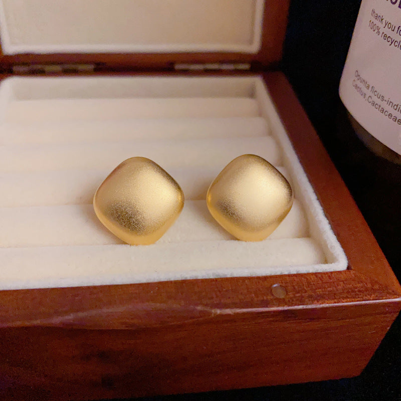 14K Gold Sandblasted Rhombus Stud Earrings – Modern Minimalist Design