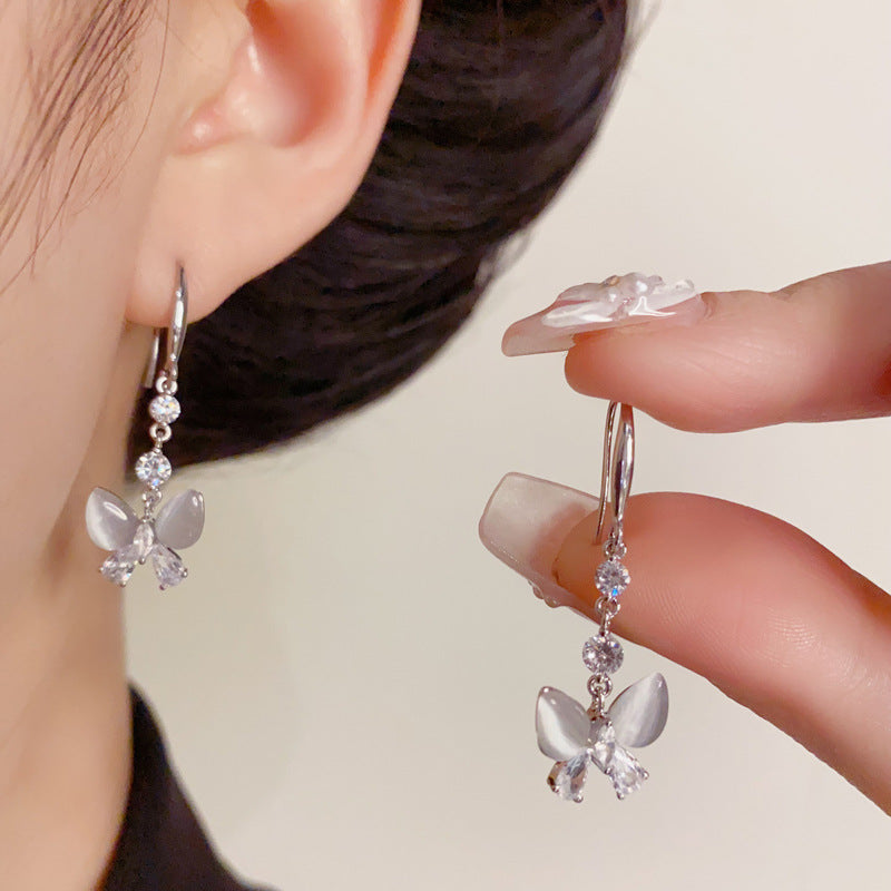 14K Gold Cat's Eye Butterfly Tassel Earrings – Elegant Chic Design