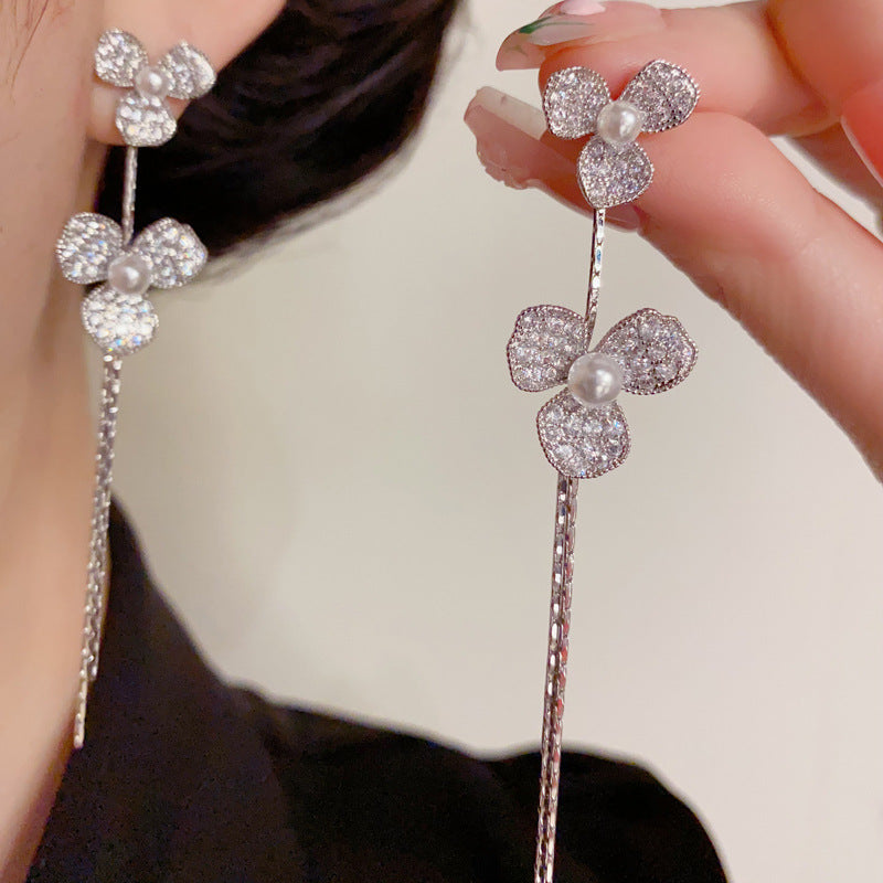 14K Gold Zircon Three-Petal Flower Tassel Earrings – Elegant Design