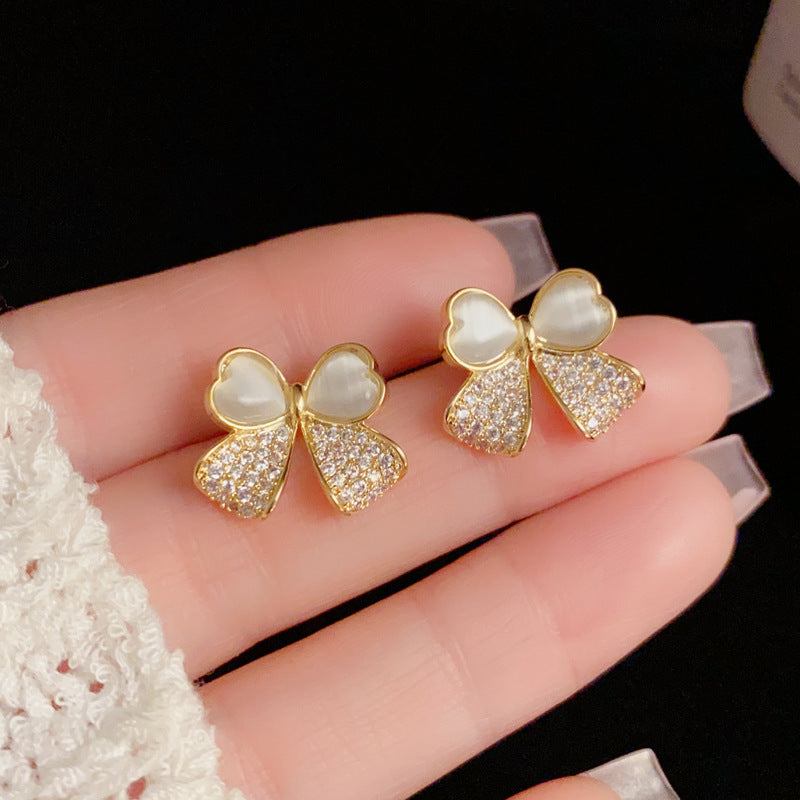 14K Gold-Plated Cat Eye Zircon Bowknot Stud Earring - Elegant Design