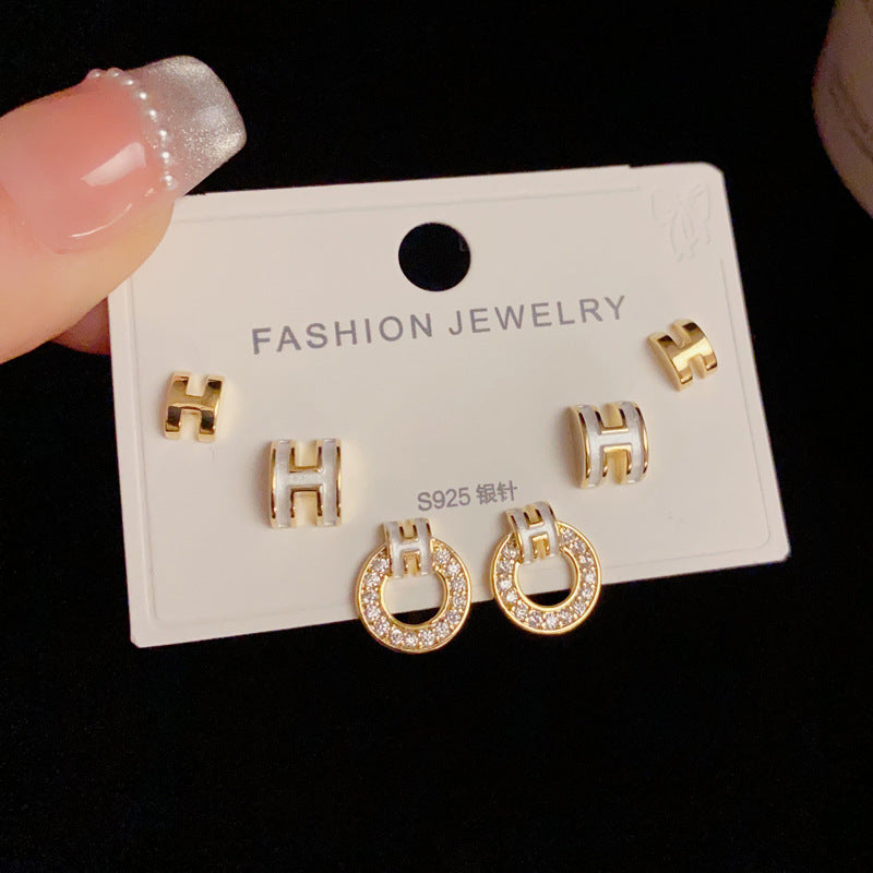 14K Gold-Plated H Letter Circle 3Piece Stud Earrings - Chic Design