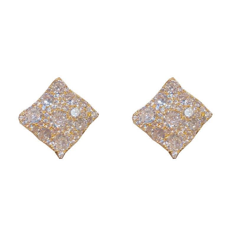 14K Gold Full Zircon Rhombus Stud Earrings- Chic Elegance Design