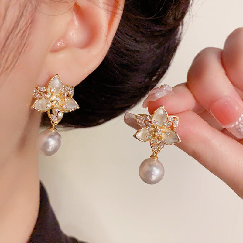 Zircon Flower Petal & Pearl Drop Gold Flower Earrings – Elegant Design