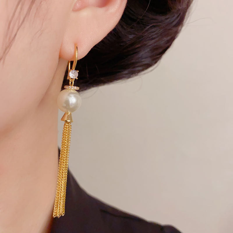 Elegant Zircon Pearl Chain Tassel Drop Earrings – Long Fringe Design