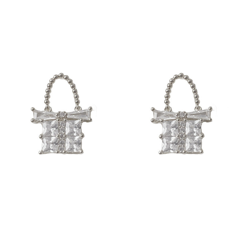 Luxury Full-Zircon Bow Handbag Drop Earrings – Geometric Design