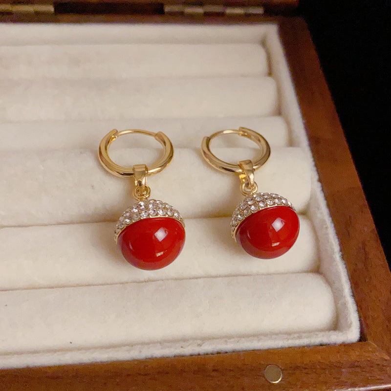 Elegant Full-Zircon Red Sphere Drop Earrings - Geometric Design